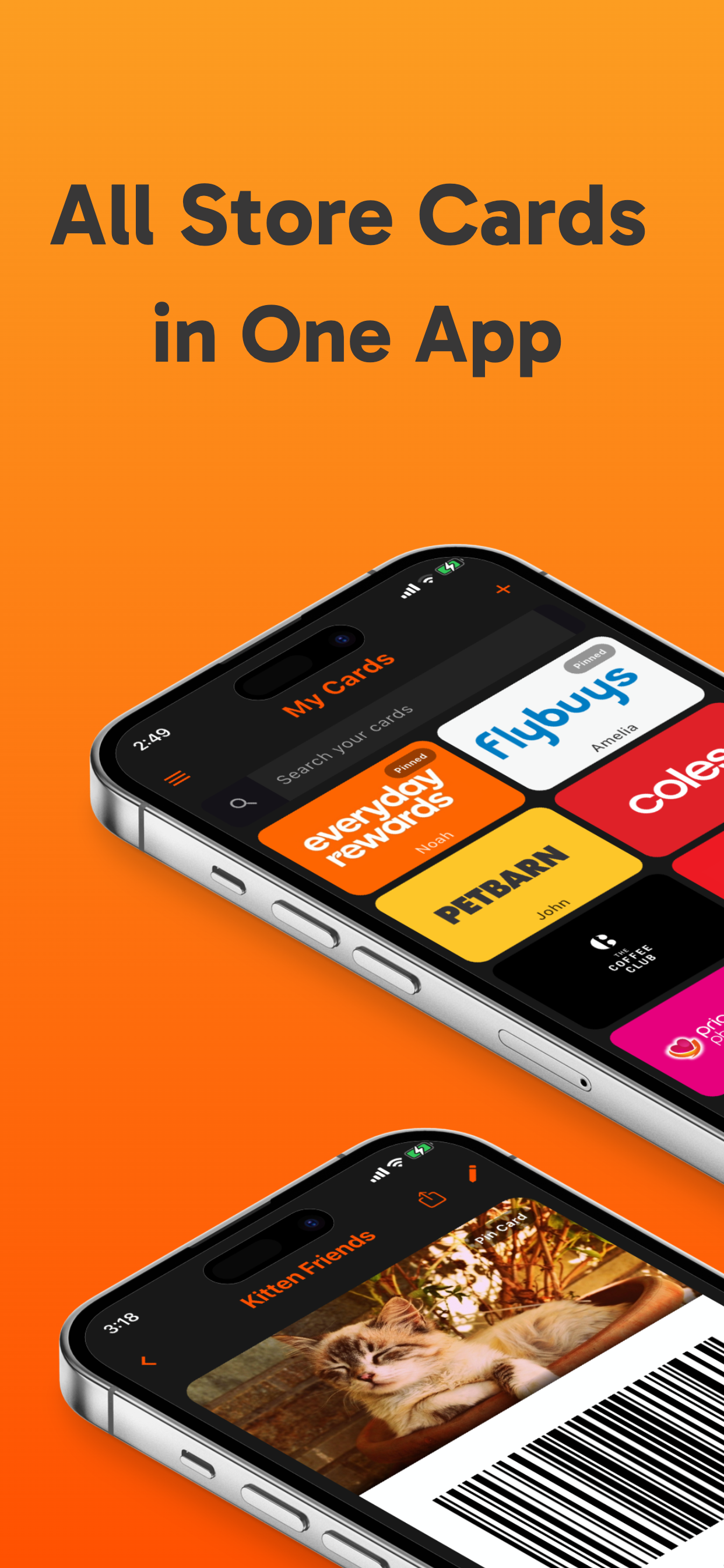 SupaCards digital card wallet app interface showing organized loyalty cards