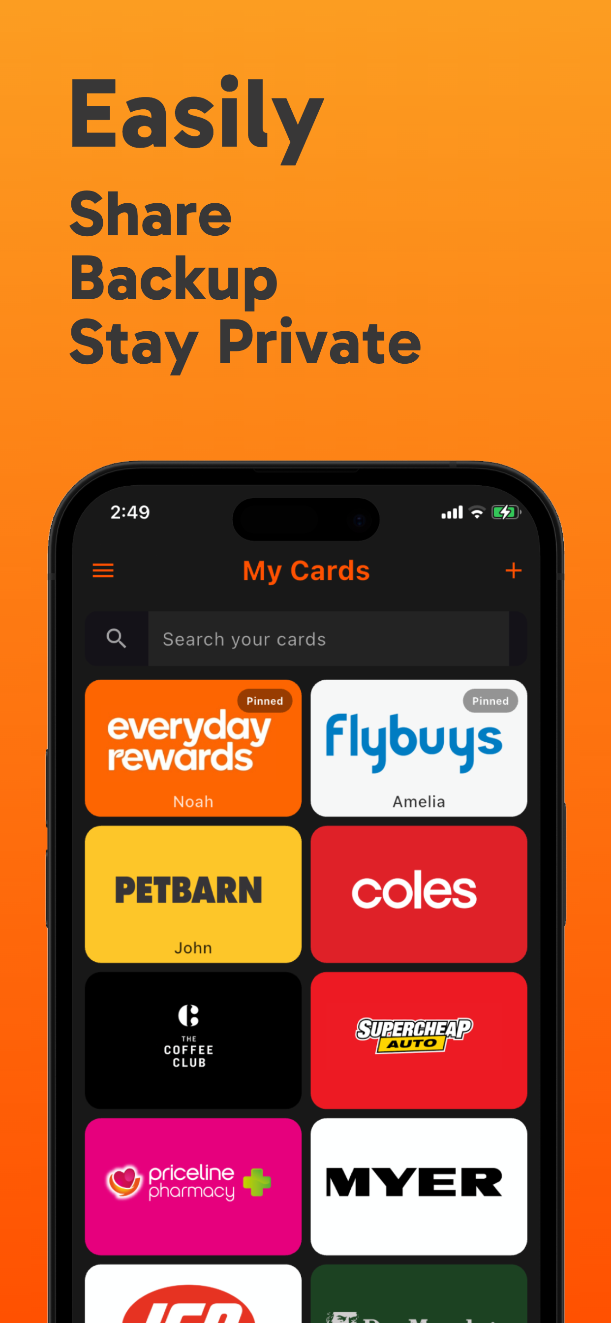 SupaCards settings screen with privacy options